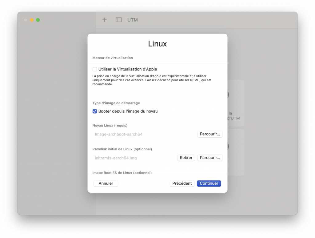 Configuration de la machine virtuelle
virtualisation macos archlinux utm