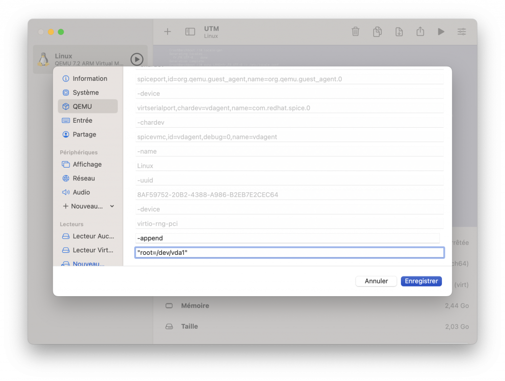Configuration du boot sur un disque
virtualisation macos archlinux utm