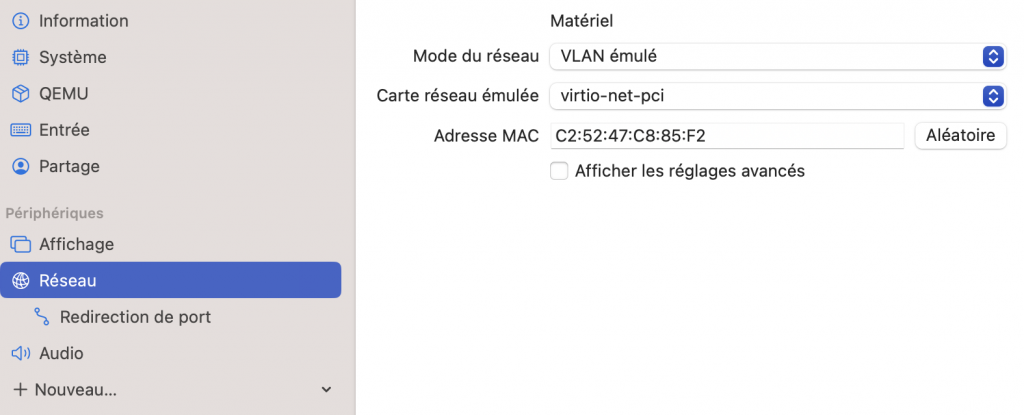 Configuration VLAN Emulé
virtualisation macos archlinux utm