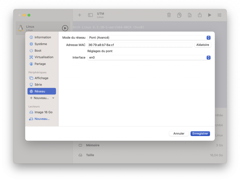Paramètres réseaux
virtualisation macos archlinux utm
