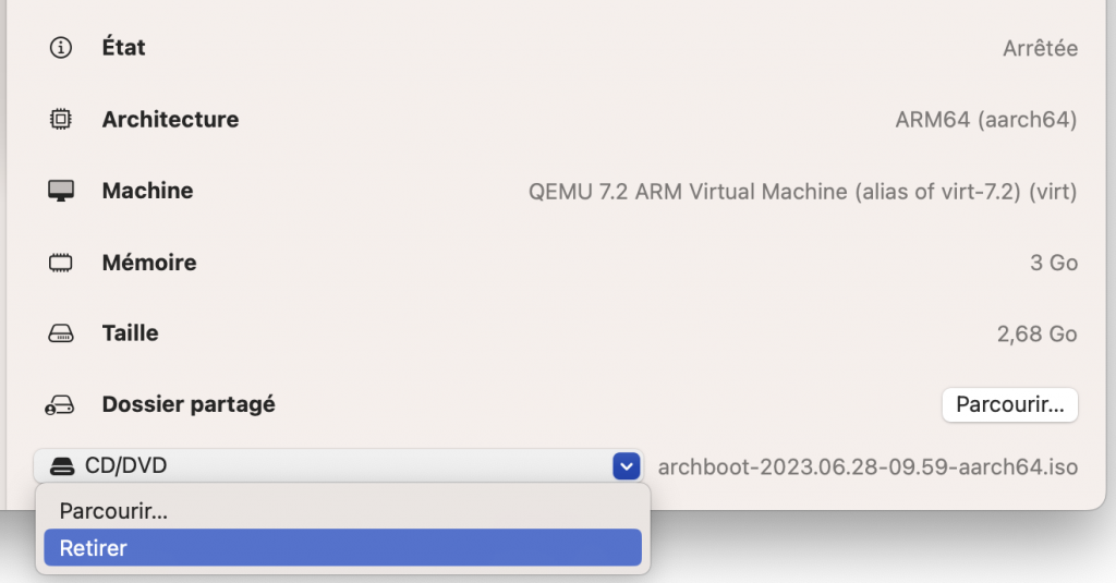 Retirer un disque ISO
virtualisation macos archlinux utm