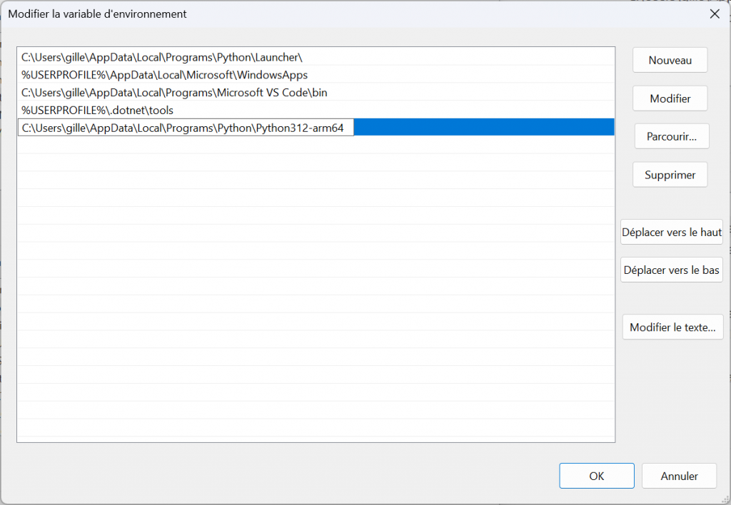 Modification de variable d'environnement
développement copilot windows python .net